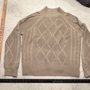 Women's Classic Beige Cable Knit Turtleneck Sweater with Balloon Sleeves